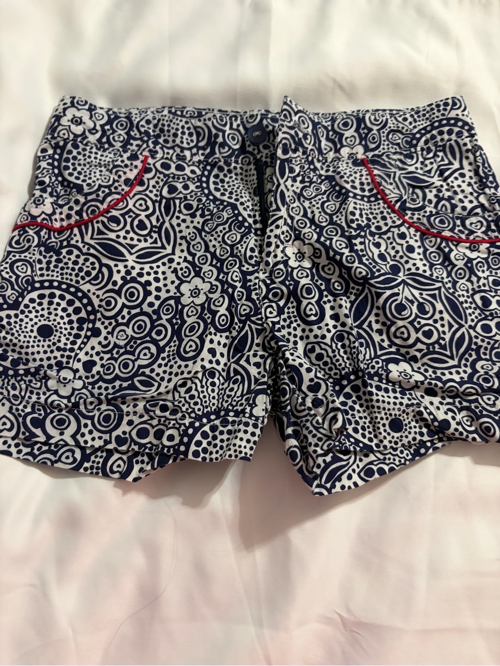 Women's Navy & White Patterned Shorts with Red Trim